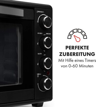 Міні-піч Klarstein Masterchef: 60 л, об'єм 60 літрів, з конвекцією, обертовим шампуром, таймером, подвійним склом, нагрівом зверху та знизу, з нержавіючої сталі, 2000 Вт, чорний колір