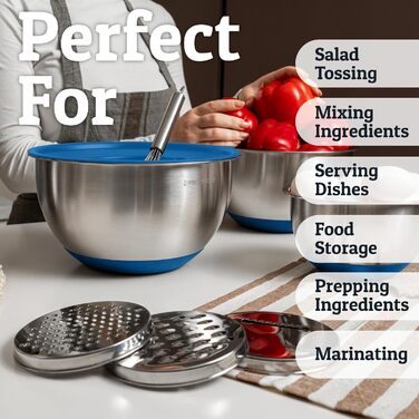 Набір мисок для змішування PriorityChef з нержавіючої сталі з кришками, 3 тертки, герметичні кришки, силіконова антиковзаюча основа, великі миски для приготування їжі, зелений (блакитний)