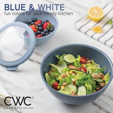 Набір мисок для змішування Cook With Color (12 шт.) з кришками TPR – 6 мисок для приготування їжі та 6 кришок, підходить для мікрохвильової печі (синій та білий)