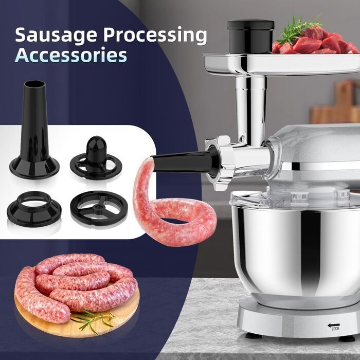 Універсальна кухонна машина 2000W 3-в-1 з м'ясоподрібником, соковитискачем та міткою, 5.5л чаша, срібна