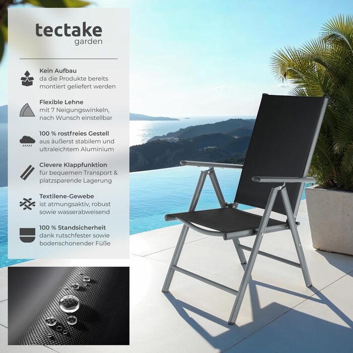 tectake® Алюмінієвий садовий стілець 2 шт, складаний, з високою спинкою, 7 положень нахилу, антрацит, комплект для саду, балкона, тераси