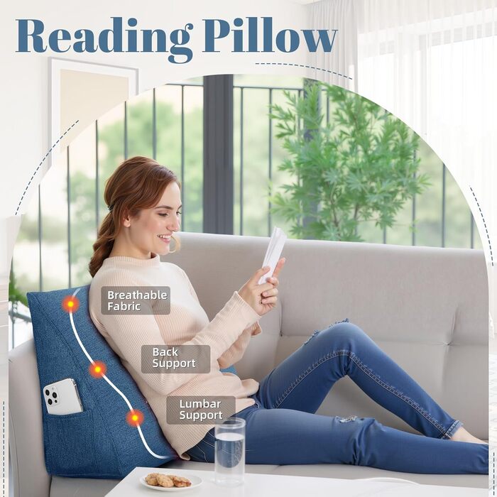 Підкова для читання Bettkeil, регульоване подушкове гніздо, трикутна подушка, подушка-підкова, подушка для попереку, шиї, спини з знімним льняним чохлом (жовтий (синій, 45см))