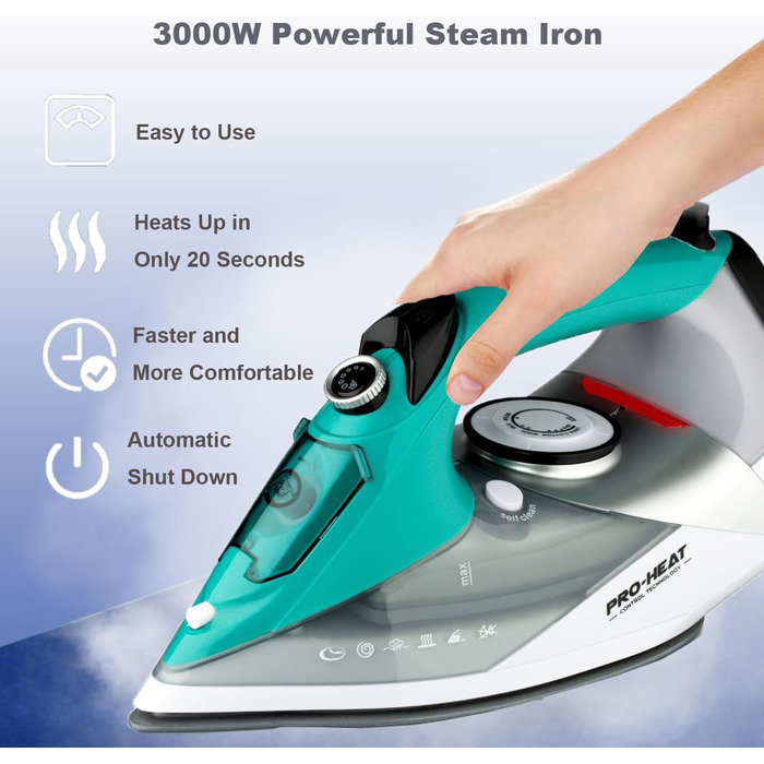 Праска з парою, праска з керамічною підошвою, самоочищення, резервуар 340 мл, 3000 Вт, автоматичне вимкнення, зелена