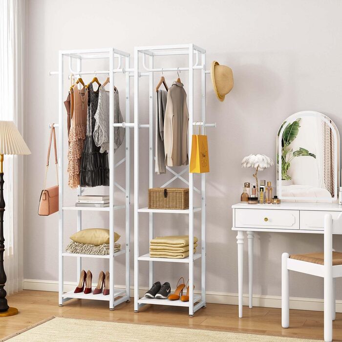 Стійка для одягу IBUYKE, вішалка для одягу з 3 полицями та 8 гачками, індустріальна стійка для передпокою, коридору, спальні, натуральний колір та білий, TMJ088R (180 x 40 x 30 см)