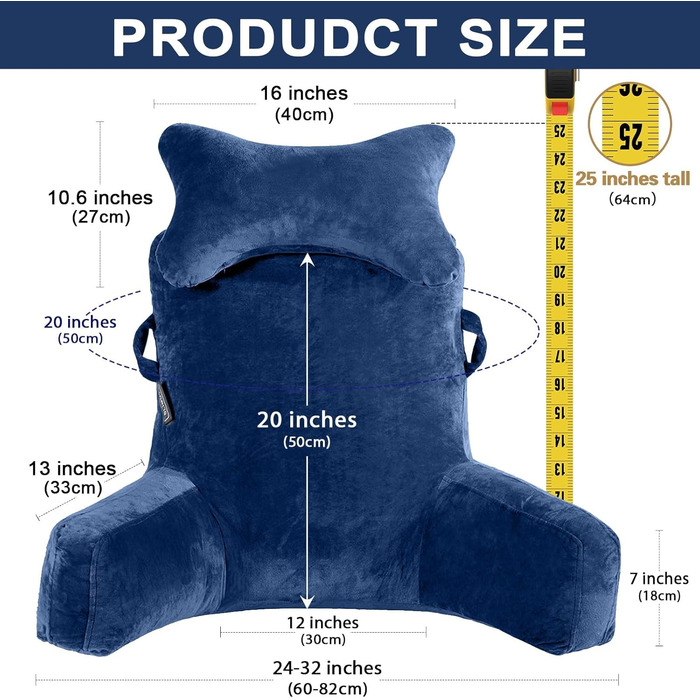 Підголовник для ліжка Lesekissen з знімною подушкою для шиї та вищим підлокітником для сидіння в ліжку, на дивані або на підлозі - спинка для читання, подушка для спини для дорослих для читання, перегляду телевізора, світло-сіра (блакитна, середня)