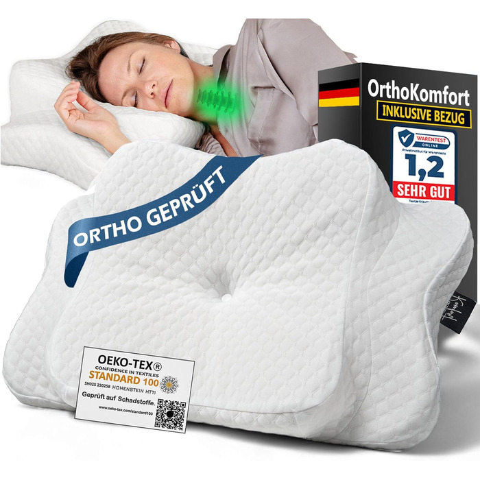 Ортопедична подушка OrthoKomfort® Memory Foam для сну на боці та спині | З піною Memory Foam | Сертифікована Oeko-TEX | Знімний чохол | Для здорового сну без болю | Біла подушка