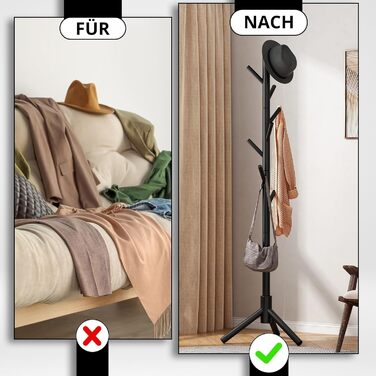 Дерев'яний вішак для одягу Bayt - стійка для одягу 175 см з 8 гачками, чорний колір