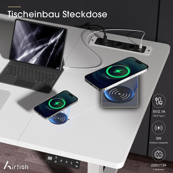 Електричний стіл Airfish з регулюванням висоти (140x70 см) з бездроговою зарядкою, комп'ютерний стіл, пам'ять на 3 функції, нагадування про відпочинок, білий. Також доступний розмір 180x80 см.