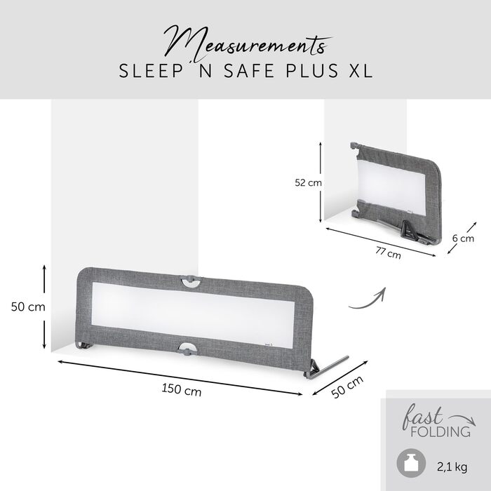Захисний бортик для ліжка Hauck Sleep N Safe Plus XL (Сірий Меланж) для дітей від 18 міс. до 5 років, 150x50x44 см, складаний, портативний