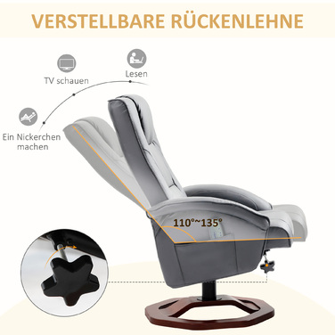 Масажне крісло HOMCOM Recliner з табуреткою Телевізор Функція відкидання на 360° з бічною кишенею Штучна шкіра 73 x 83 x 106см Темно-сірий | Аосом