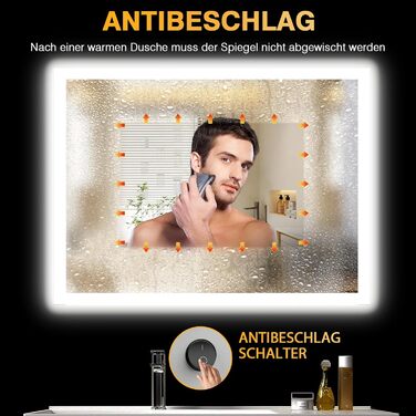 Дзеркало для ванної кімнати з підсвічуванням LED, антизапар, 2 кольори світла (3000K/6500K), нахильний вимикач, прямокутне, 45x60 см