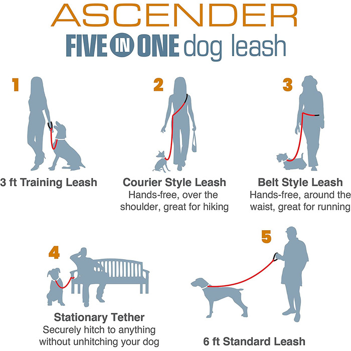 Повідець для собак Kurgo Ascender, повідець для собак без рук, пояс для бігу на талії, м'яка ручка, повідець для домашніх тварин для тренувань, походів або бігу підтюпцем, водонепроникний, регульований від 3 до 1,8 м