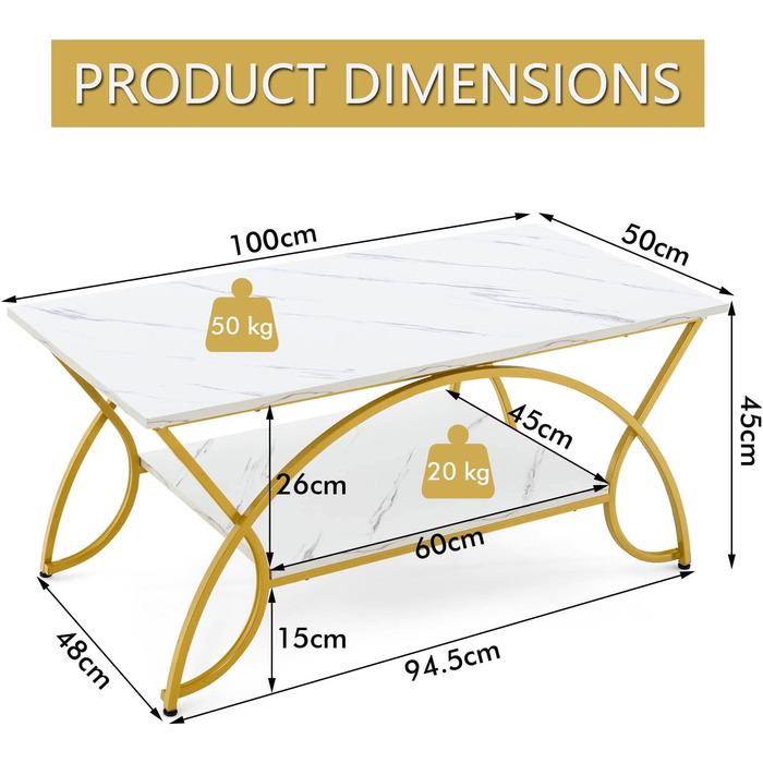 Журнальний столик LIFEZEAL з мармуровим ефектом, сучасний стіл для вітальні з металевим каркасом, 2-ярусний прямокутний журнальний столик Журнальний столик Журнальний столик для вітальні, спальні, офісу, 100x50x46см (білийзолотий)