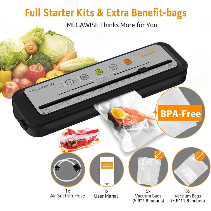 Вакууматор для продуктів Megawise з потужністю 80 кПа, автоматичний вакуумний пакувальник з режимами для сухих та вологих продуктів, сірий (набір з 10 пакетами та різаком)