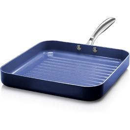 Сковорода-гриль Granitestone Blue з антипригарним покриттям, 26.7 см, з алмазною інфузією, канавки для зливу жиру, не нагрівається, ручка з нержавіючої сталі, придатна для духовки та мийки, 100% PFOA-free