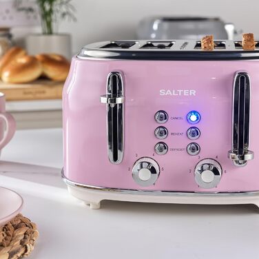 Тостер SALTER Retro на 4 скибки, рожевий, 1630 Вт, широкі отвори, 6 режимів підсмажування, функції розморожування, підігріву, відміни, знімний піддон для крихт, автоматичне центрування