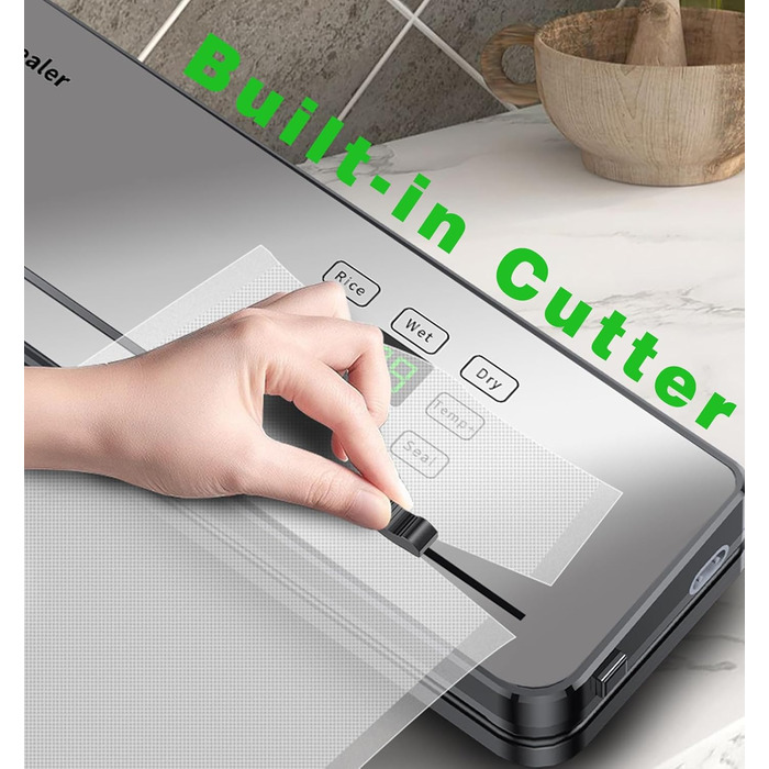 Вакууматор для продуктів ESoundvol 8-в-1 з LED-дисплеєм, вбудованим різаком та контролем температури, 10 пакетів у комплекті