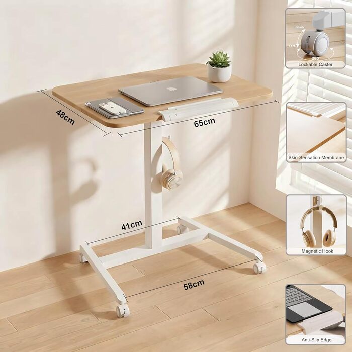 Регульований приставний столик ETHU з роликами, мобільний столик для ноутбука, диванний столик з нахиленою платформою, універсальний столик для дому (світле дерево)