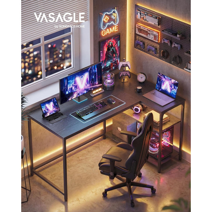 Кутовий стіл VASAGLE L-подібний з полицею, комп'ютерний стіл з місцем для зберігання, офісний стіл для дому, 120 x 80 см, Чорний горіх