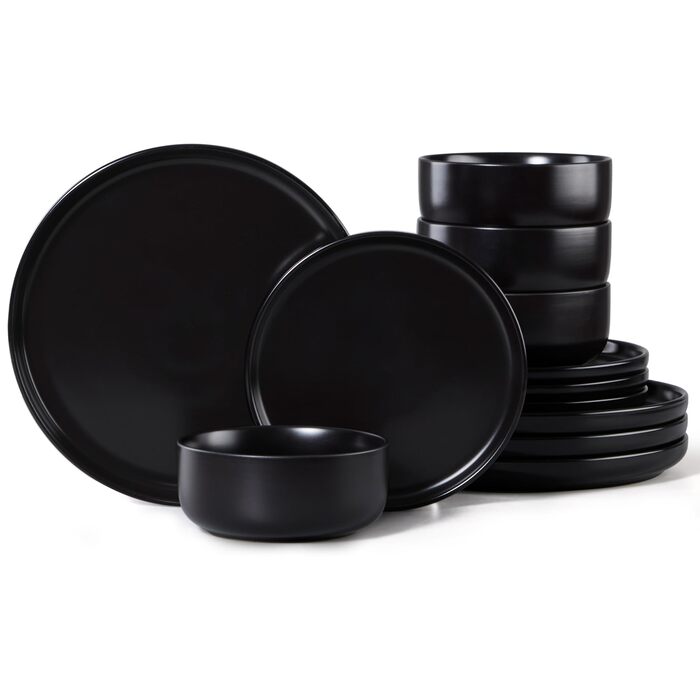 Набір посуду Joyfair на 6 осіб, 18 предметів, кераміка, чорний (Abyssal Schwarz). Тарілки обідні, десертні, миски для сніданку. Стійкий до подряпин, для мікрохвильовки та посудомийної машини