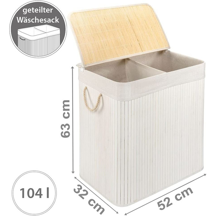 Бамбуковий кошик для білизни PANA ECO з кришкою * дерев'яна сумка для білизни * складаний колектор для білизни шафа для білизни у ванній 100 бамбук * колір розмір (104l (52 x 32 x 63 см), білий)