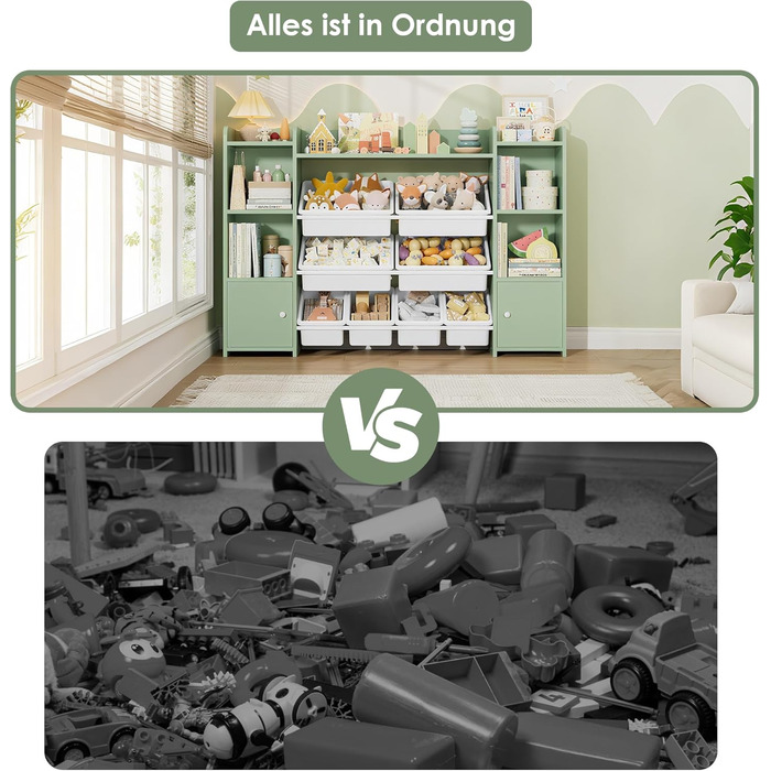 FOREHILL Регульована полиця для іграшок з 8 ящиками, дитячий шафка, книжкова полиця для дітей, меблі для дитячої кімнати з ящиком для іграшок, 138,8 x 94,3 x 29,6 см, білий (зелений)