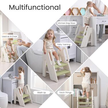 Триттхокер Hoopyosms для дітей, 2/3-рівневий, регульована висота, складний, з поручнями, антиковзкий, для ванної та кухні, піднімна драбинка для малюків (Класичний, Зелений)