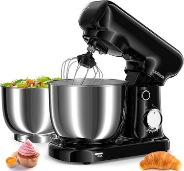 Кухонна машина з місткістю 2.5L та 3L, 10 швидкостей, 1500W, з міксером, шнеком для тіста та скребком, для дому та щоденного приготування (чорний)