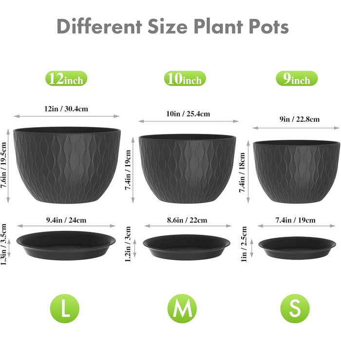 Великі горщики для квітів 3 шт. (12+10+9 дюймів), 30.5x25.4x25.4x22.9 см, для дому та саду, чорного кольору, з дренажними отворами