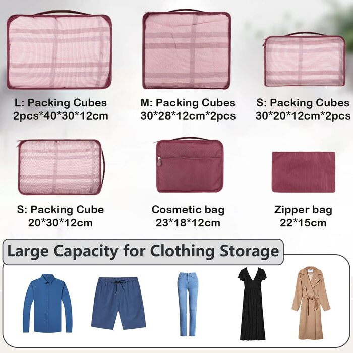 Набір органайзерів для валізи та подорожей 12 предметів, водонепроникні пакувальні куби для одягу та речей (винно-червоний)