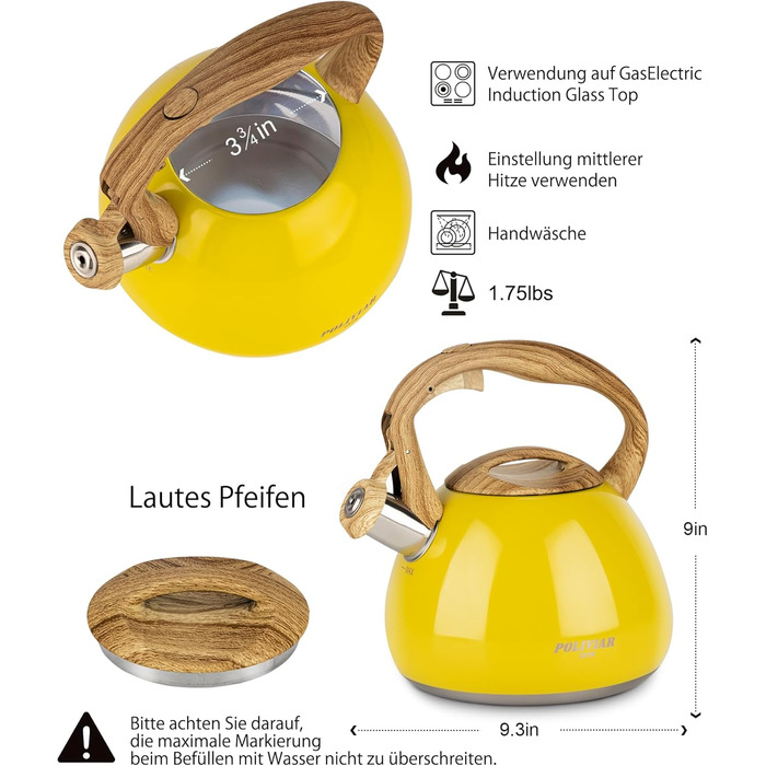 Індукційний чайник Poliviar, чайник з флейтою 2,7 л, дерев'яна ручка, для всіх типів плити, жовтий