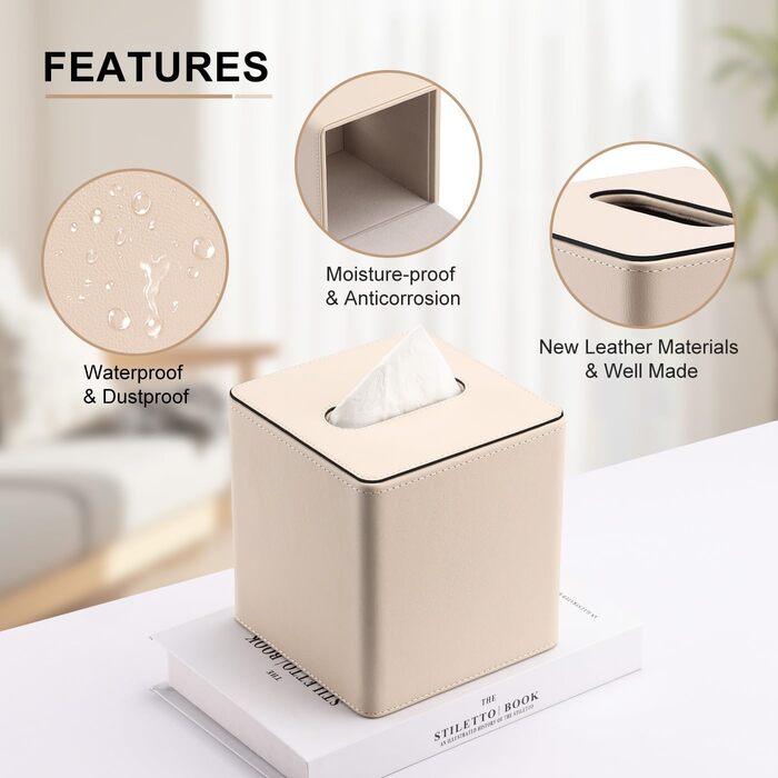 Скріпка для серветок з PU шкіри KingFOM, бежева, квадратна - для офісу, авто, дому