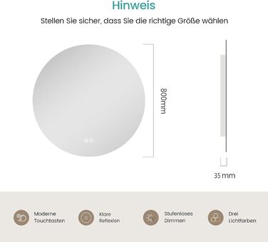 Дзеркало для ванної кімнати EMKE круглої форми з підсвічуванням 80 см – кругле дзеркало з 3 кольорами світла, регулюванням яскравості, сенсорним керуванням, функцією пам'яті та енергозбереженням. Розміри: 80 см x 80 см