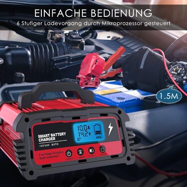 Зарядний пристрій для акумулятора 12V/24V LEICESTERCN - Автомобільний, мотоциклетний, з LCD, 5/10/25A, 6-ступінчастий, з багаторазовим захистом