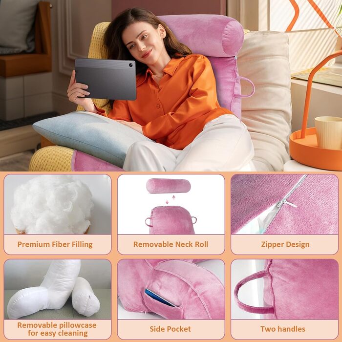 Подушка для читання MINGPINHUIUS XL для ліжка та дивана з знімною подушкою для шиї, ідеальна для дорослих, з піною з пам'яті для комфортного читання, роботи, ігор, перегляду телевізора та відпочинку (Рожевий)
