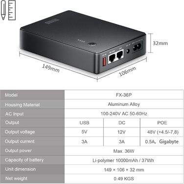 UPS Mini Gigabit POE для роутера, модему, камери спостереження: 5V, 12V, 48V POE (1000Mbps)