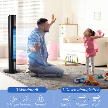 Турбовентилятор з поворотом 70°, з пультом дистанційного керування, 3 режими, 3 швидкості, таймер, розміри 32 x 32 x 96 см, чорний