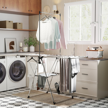 Сушилка для білизни складна, підлогова з регульованими крилами, тримачами для взуття, нержавіюча сталь, 156,5 x 68 x 192 см, срібляста