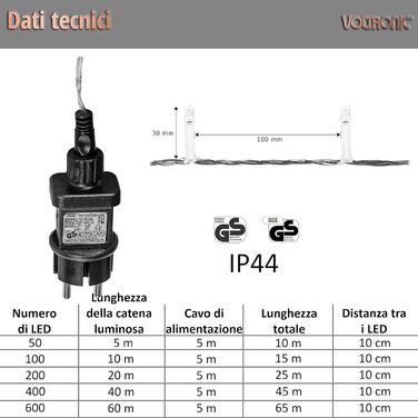 Світлодіодний струнний світильник VOLTRONIC, IP44, 400 LED, зелений кабель, теплий білий