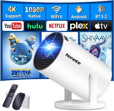 Beamer 4K: Міні проєктор Full HD 1080P з Wi-Fi 6, Bluetooth 5.2 та Android. Підтримка PC/HDMI/USB, авто-корекція Keystone, поворот 270°, з пультом та мишкою, білий.