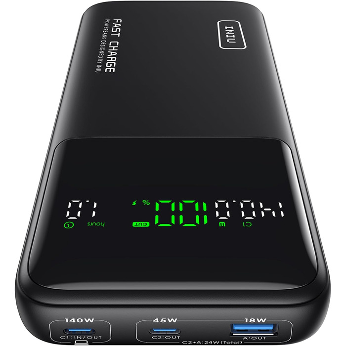 Power Bank INIU 27000mAh 140W: зарядний пристрій для телефону та ноутбука, сумісний з MacBook Pro, Steam Deck, iPhone (17, 16, 15, 14, 13, 12 Pro), Samsung S23, iPad та ін. Чорний