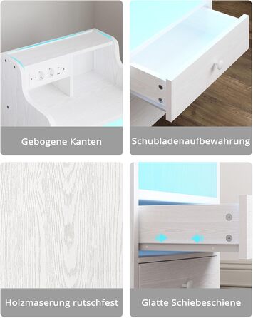 Нічний столик IRONCK з LED-підсвіткою, розеткою та функцією зарядки, з ящиками, білий.