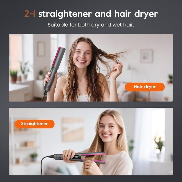 Випрямляч для волосся slopehill Air 2026 з іонізацією 1300W, без нагрівальних пластин, для сухого та вологого волосся, сірий