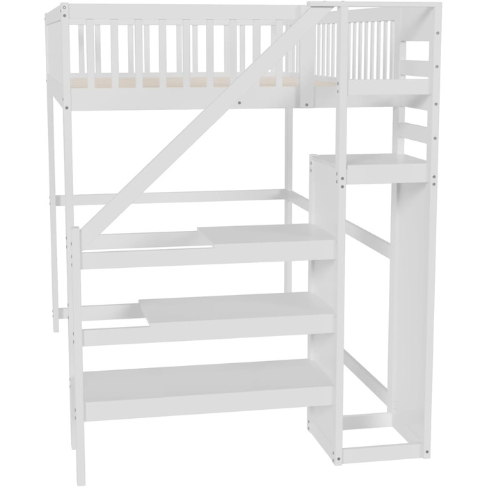 Ліжко-горище Merax для односпального матраца 140x200 см з шафою та сходами, масивне дерево, білий колір (без матраца)