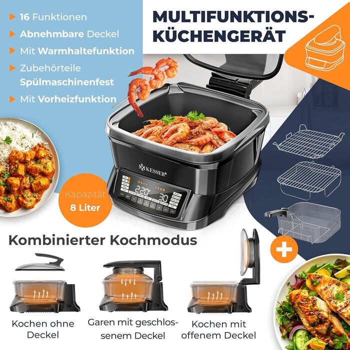 Мультиварка KESSER® 8л з фритюрницею, 16 програм, чорна. Гриль, випічка, тушкування, приготування на пару, функція підігріву та повільного приготування, приготування рису та йогурту.