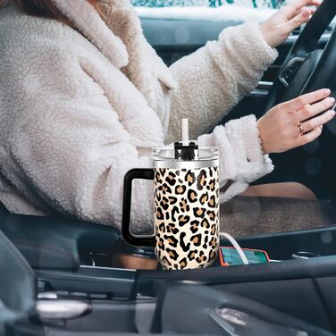 Термокружка FECBK з трубочкою та ручкою, 1.2L, не протікає, з нержавіючої сталі, вакуумна ізоляція, 12 год гаряча / 34 год холодна, дизайн Gepard Cheetah