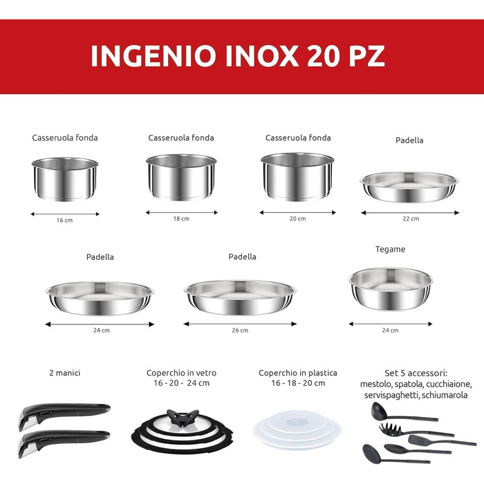 Набір каструль та сковорідок Lagostina Ingenio INOX з нержавіючої сталі 18/10, сірий, 20 предметів