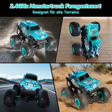 RC Monstertruck 1:20 2.4GHz синій - радіокерований позашляховик для хлопчиків та дівчаток від 3 років з LED підсвіткою, музикою та функцією 'ходьба на двох колесах'
