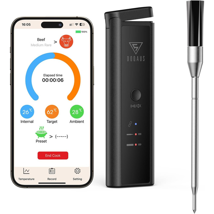 Беспроводной термометр для мяса DOQAUS 158m Bluetooth, IPX7, для гриля, духовки, мангала, аэрофритюрниці, чорний