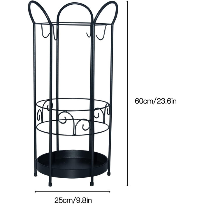 Підставка для парасольок Мосегор з металу, підставка для парасольок кругла, тримач парасольки універсальний, з 3 гачками і дощовою оболонкою, окремо стоїть підставка для парасольки, 60 x Ø 25 см (чорний)